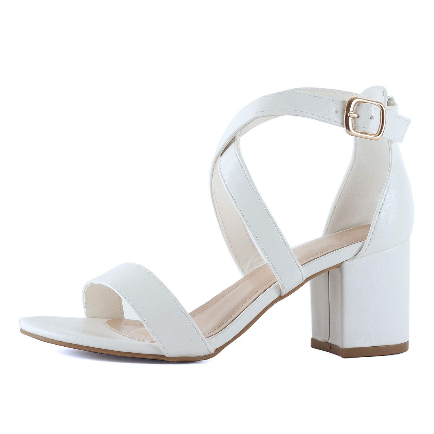 Womens Comfortable Strappy Chunky Block Ankle Strap Open Toe Heeled Sandals (7 M US, Whitev2 Pu) - Image 3