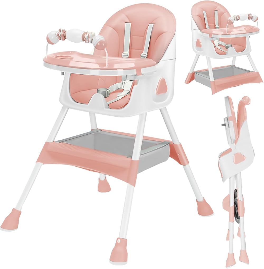 UBRAVOO 3-in-1 Baby High Chair Foldable Pink Dining Chair Tray Toy Rack