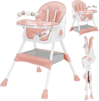 UBRAVOO 3-in-1 Baby High Chair Foldable Pink Dining Chair Tray Toy Rack