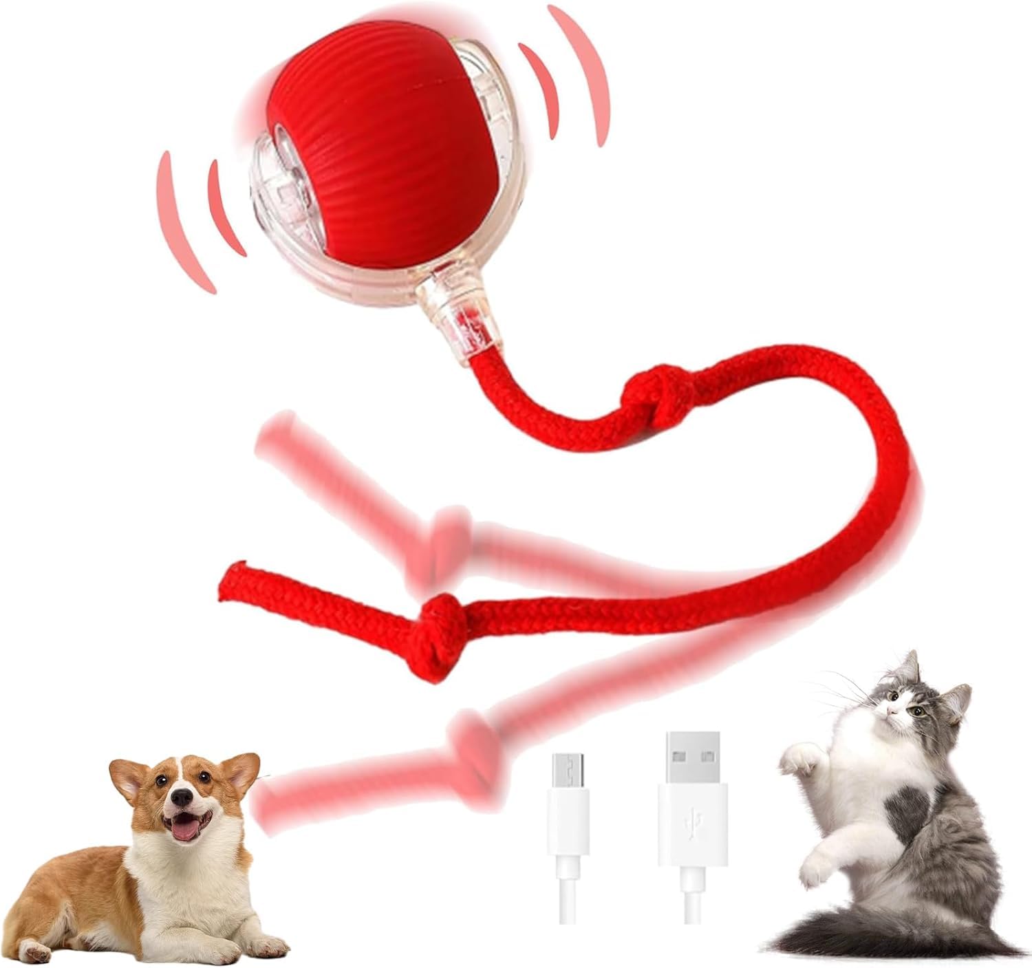 XUDUOO Interactive Dog Toys, Active Rolling Ball with Tail for Dogs, Rechargeable Cat Toys for Indoor Cats, Automatic Pet Ball for All Floors & Carpet