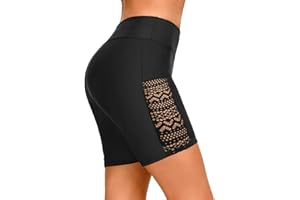 HOLIPICK 7" Swim Shorts Women - High Waisted Swimsuit Shorts Tummy Control Bathing Suit Lace Bottom with Liner