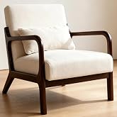 Mid Century Modern Accent Chair, Solid Wood, Thick Cushion &amp; Waist Pillow | Soft cotton linen in antique white, sturdy rubberwood frame. Perfect for bedroom, living room, or sunroom reading.