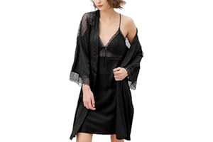 Brosloth Women's Silk Satin Robe Sets 2 Piece Sexy Pajamas Set Sheer Lace Cami Nightgown Lingerie and Silky Robes