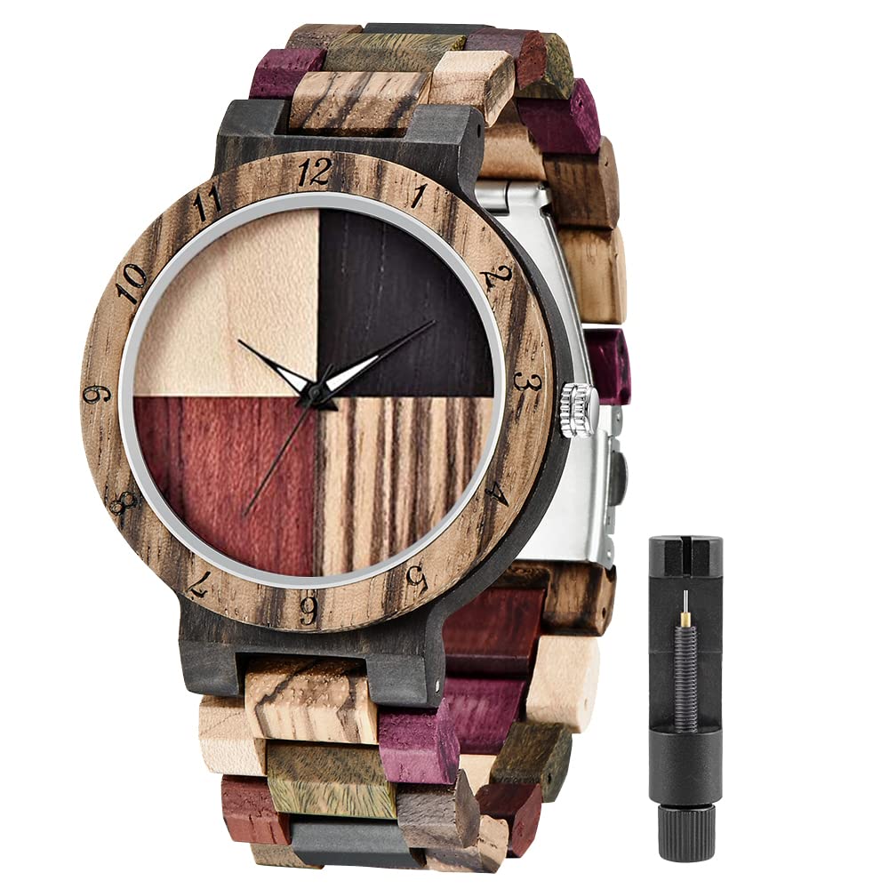 Tiong Brand Wooden Watches Mens with Handmade Colorful Bamboo Wood Watch Analog Date Quartz Wooden Watch for Men, Q1004, Modern, Retro