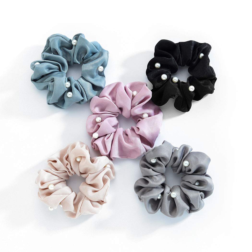 Genglass Pearl Hair Scrunchies Pink Hair Ties Elastics Hair Rope Ponytail Holders Hair Accessories for Women and Girls Pack of 5