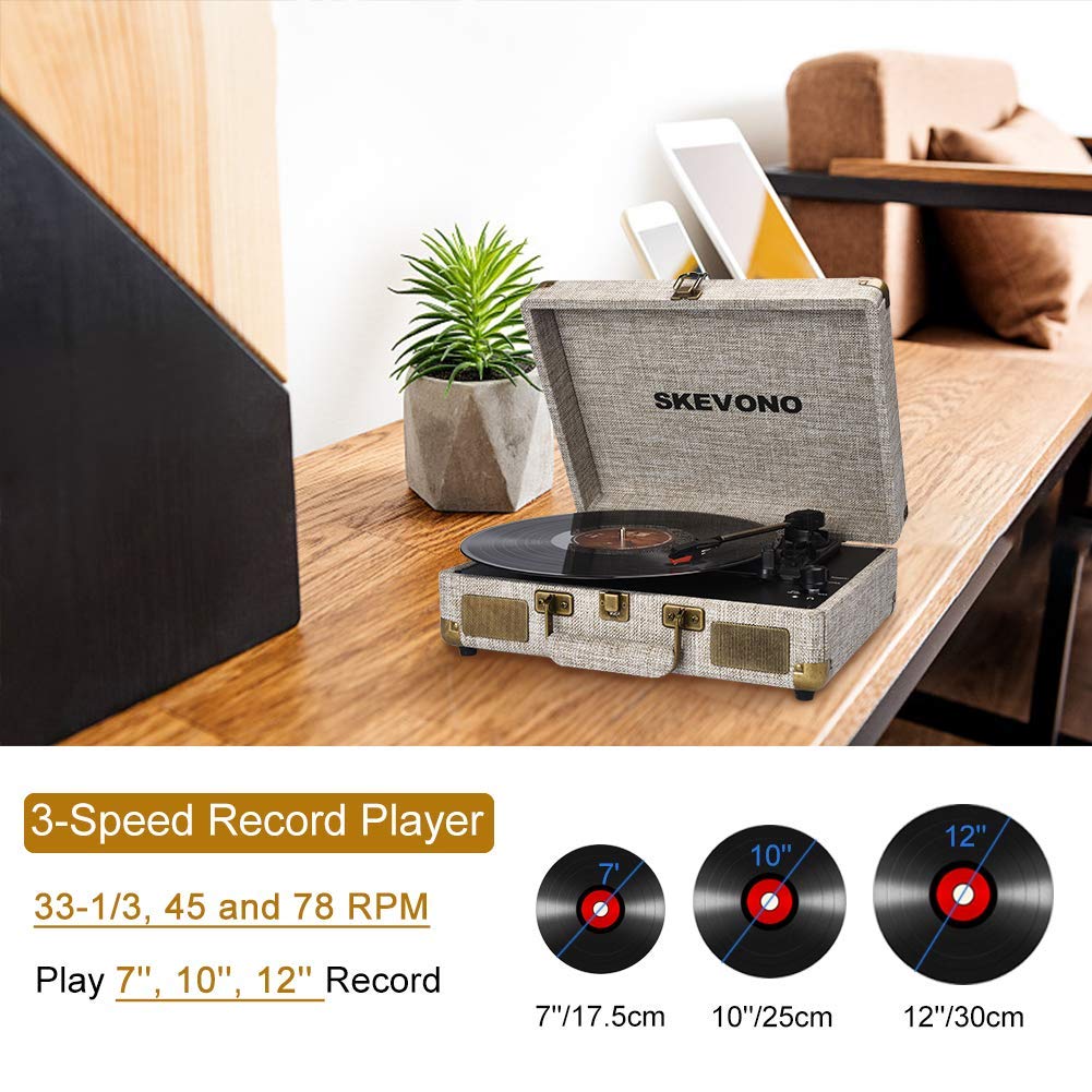 Vinyl Record Player, SKEVONO 3 Speed Portable Suitcase Turntable, Bluetooth Vintage Record Player with 2 Built-in Speakers, Supports RCA Output/Headphone Jack/Phone Music Playback (Light Beige Linen)