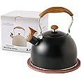 LONFFERY Tea Kettle for Stove Top, 2.5 Quart Whistling Tea Kettle, with Food Grade Stainless Steel and Wood Pattern Folding Handle, Black