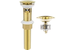 Rackickyer Bathroom Sink Drain, Gold Drain Stopper Bathroom Sink with Overflow,Pop Up Drain Assembly with Detachable Strainer Basket,Built-in Anti-Clogging Strainer,Stainless Steel Gold