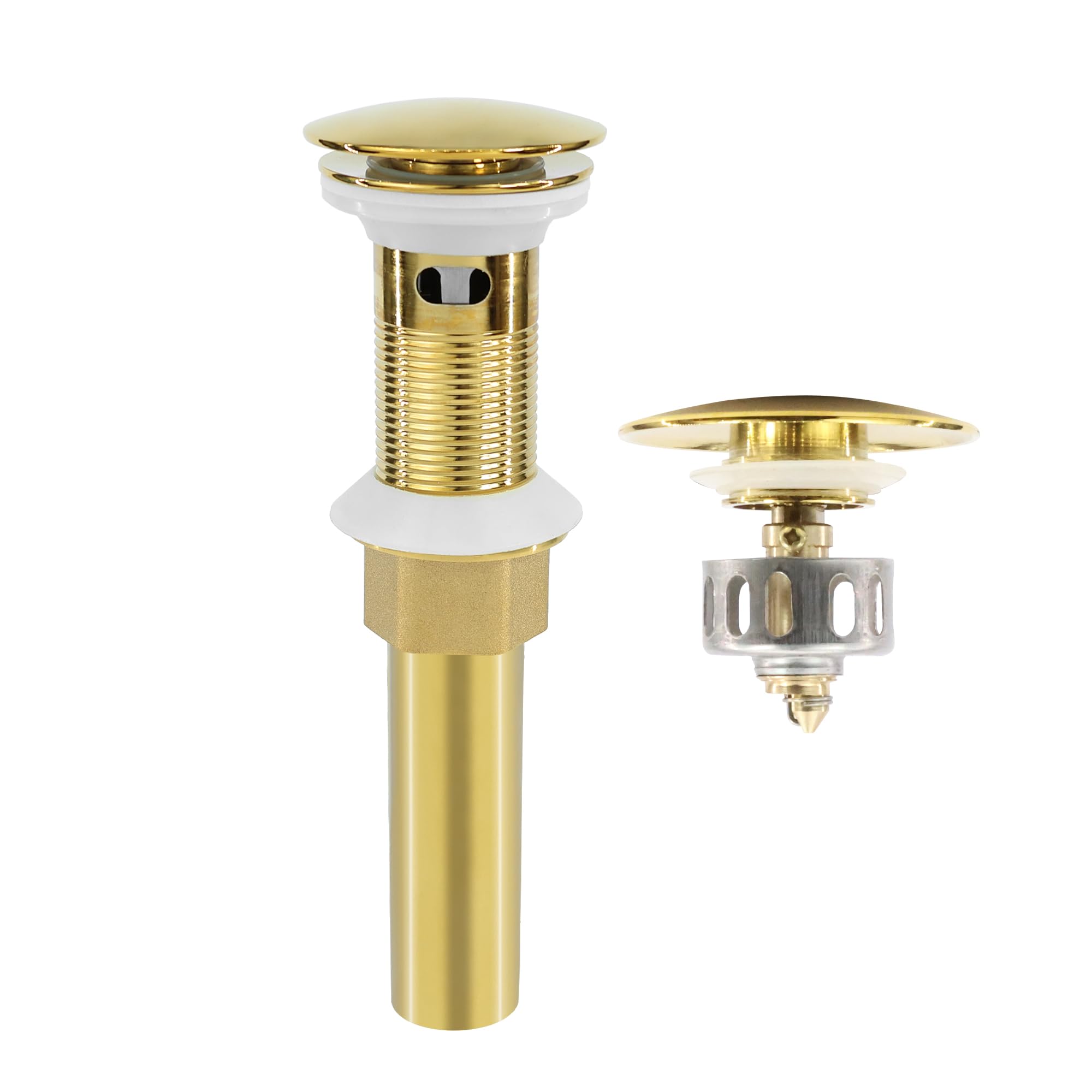 Photo 1 of Rackickyer Bathroom Sink Drain, Gold Drain Stopper Bathroom Sink with Overflow,Pop Up Drain Assembly with Detachable Strainer Basket,Built-in Anti-Clogging Strainer,Stainless Steel Gold