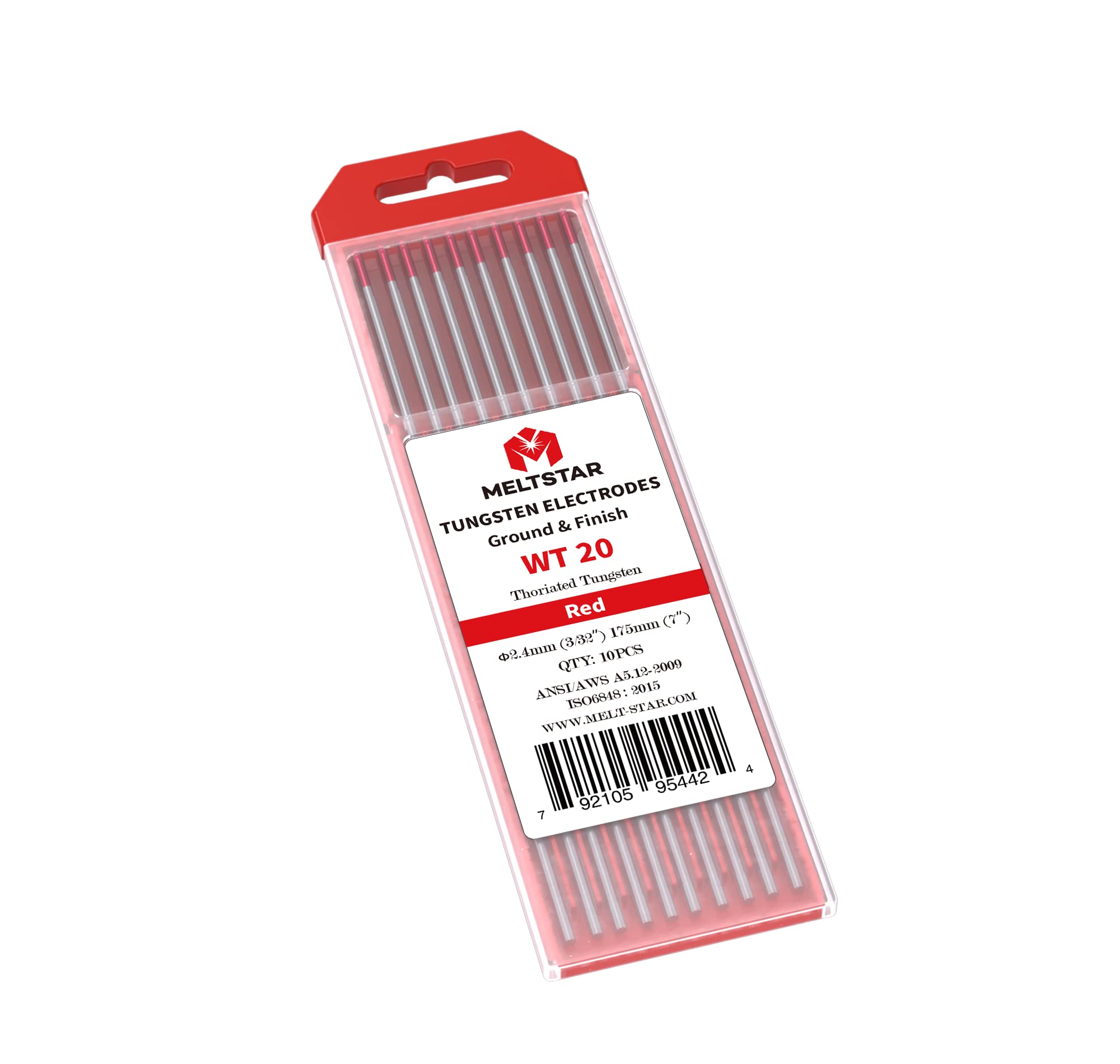 Meltstar TIG Welding Tungsten Electrodes Red Tungsten 3/32” x 7” (Red, WT20) 10-Pack