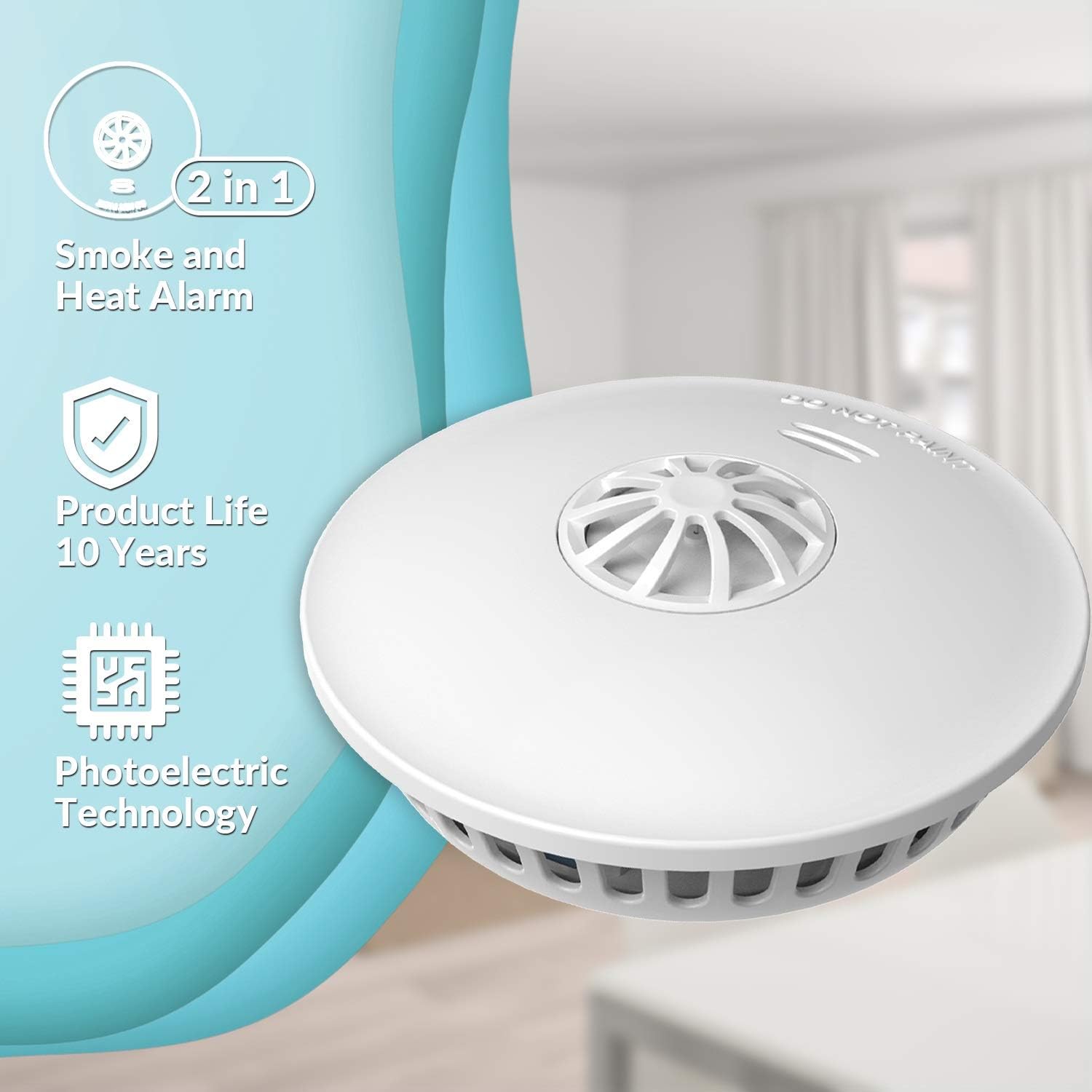 Ecoey Smoke Detector 10 Year Battery, Smoke and Heat Alarm with Test Button, for Home Bedroom and Kitchen, FJ192, 1 Pack - - 