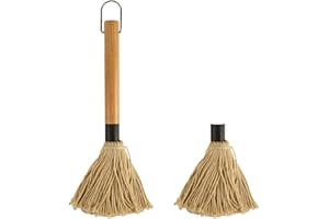 WHTCHSU 11.2 Inch Grill Basting Mop Wooden Long Handle with 1 Extra Replacement Heads for BBQ Grilling Smoking Steak