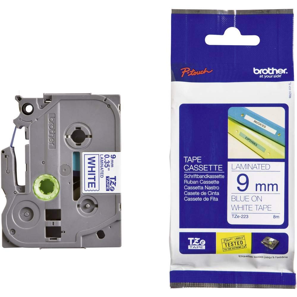 Brother TZe-223 Labelling Tape Cassette, 9 mm (W) x 8 m (L), Laminated, Brother Genuine Supplies - Blue on White