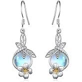Dragonfly Earrings 925 Sterling Silver Dragonfly Moonstone Flowers Dangle Earrings Jewelry Gift for Women