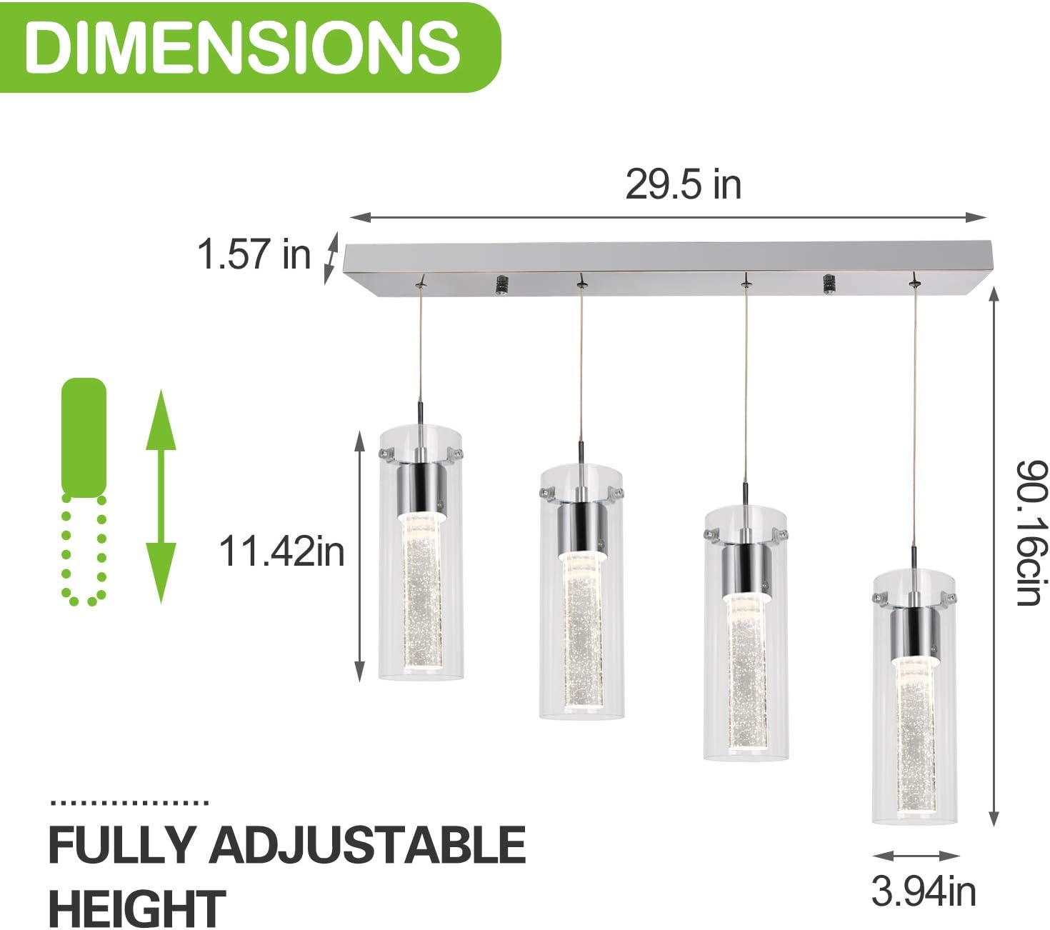 4-Light Pendant Ceiling Fixture, Integrated LED Kitchen Lighting, 26W (150 Watt Equivalent) CRI 90+, 1950lm Premium Bubble Glass with Chromed Finished ETL Listed - - 