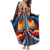 Bsubseach Kaftan Dresses for Women V Neck Butterfly Print Plus Size Batwing Sleeve Caftans Long Bathing Suit Cover Up