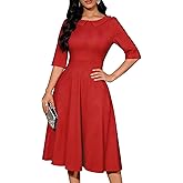 Bbonlinedress Womens Cocktail Vintage Red Dress, Semi Formal Spring Summer Wedding Guest 1950s Church 3/4 Sleeve Peter Pan Collar Swing Modest Retro Elegant Midi Dresses Red L