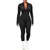UOUA Womens Workout Set 2 Piece Outfit Bodycon Gym Tracksuit | Yoga Fabric, Long Sleeve Zipper Jacket, High Waisted Leggings