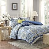 Home Essence - Taza 5 Piece Comforter Set- Grey, Yellow, Blue - Printed - King / Cal-King Size - Includes comforter, shams and pillows