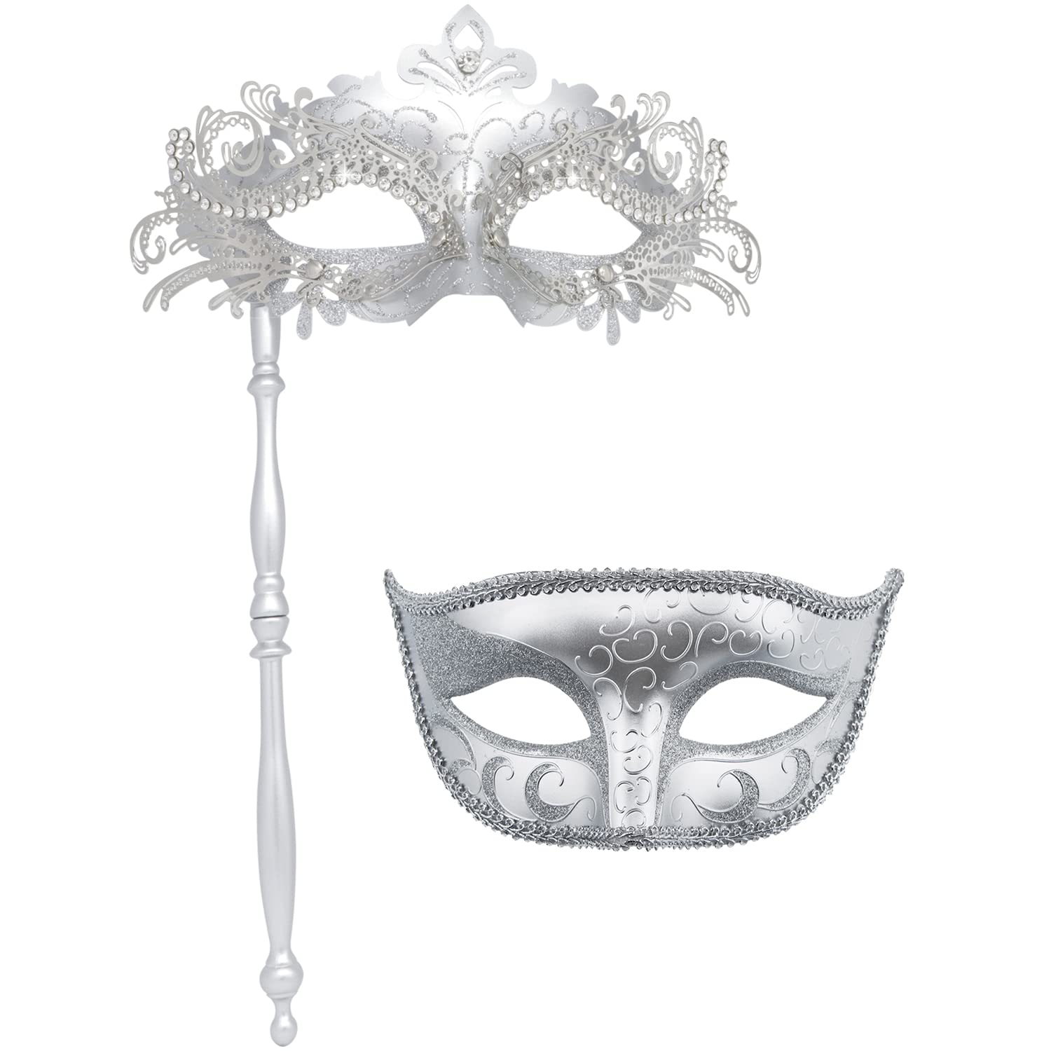 Coddsmz Couple Masquerade Mask with Holding Stick Venetian Halloween Costume Mask Mardi Gras Mask Cosplay Party Costume Mask