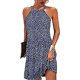 Kubsid Halter Dresses for Women 2025 Casual Floral Print Summer Dresses Hollow Out A-line Sundresses for Beach Vacation Size M Blue Small Floral