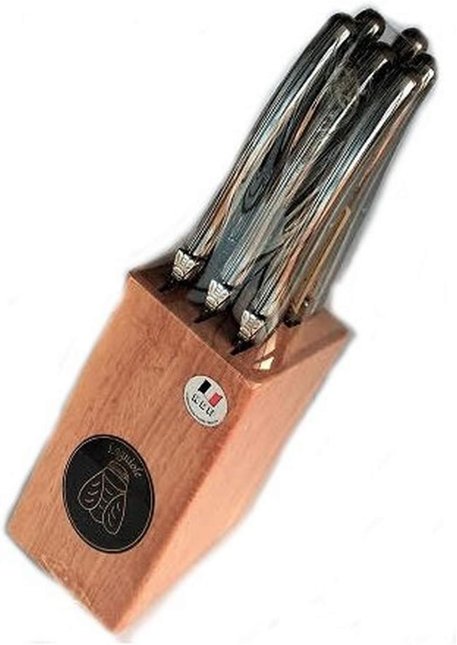 Neron Coutellerie 6 Piece Laguiole Plated Steak Knife Set With Stainless Steel Handles in Wooden Block, Silver