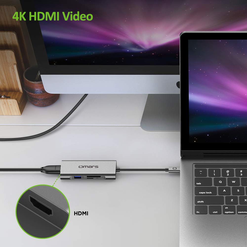 USB C Hub Omars 7-en-1 Adaptateur USB-C vers Type C 60W PD Port de Rechargement, 4K HDMI, 3 x USB 3.0, Lecteur de Carte SD & Micro SD Multiprise Dock pour MacBook Pro New MacBook 12\