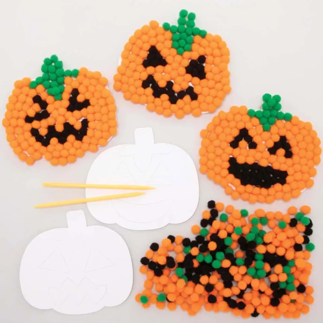 Baker Ross Pumpkin Pom Pom Art Kits - Pack of 5, Halloween Craft Kits for Kids, Kids Make Your Own Halloween Decorations (FE773)