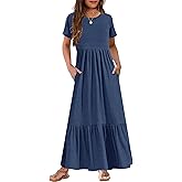 YOVION Girls Summer Maxi Dress Short Sleeve Crew Neck Casual Loose Flowy Tiered Dresses with Pockets for 6-12 Y