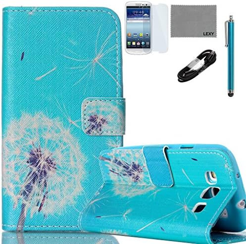 Samsung Galaxy S3 i9300 Case, LEXY PU Leather Case with Credit ID Cards Holders & Stand for Samsung Galaxy S3 i9300 with 9H Glass Screen Protector, V8 USB Cable and Stylus (Blue Dandelion)