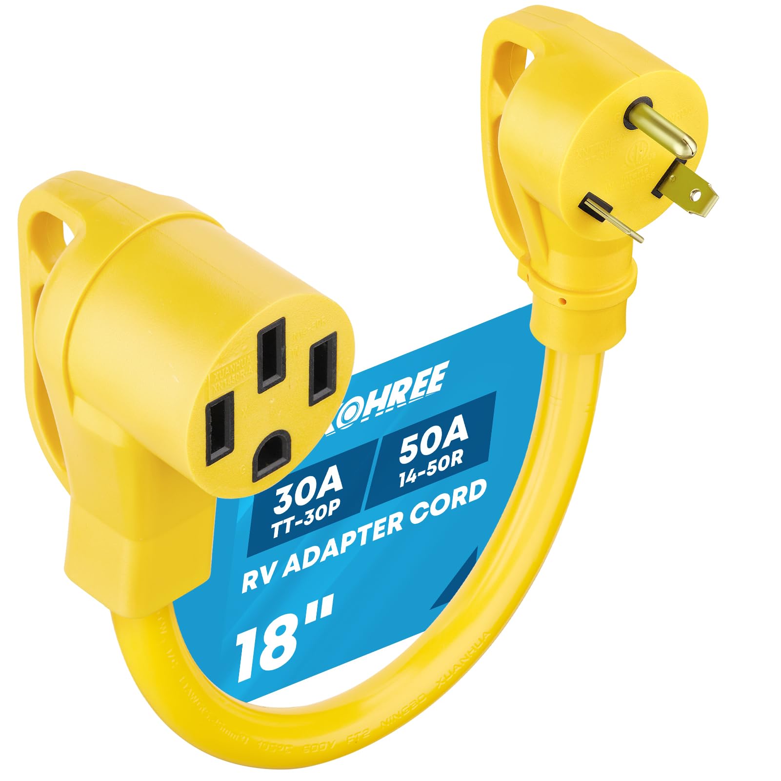 Photo 1 of Kohree 30 Amp to 50 Amp RV Plug Adapter 18", Heavy Duty RV Dogbone Electrical Adapter 30A Male to 50A Female Power Cord with Grip Handle, 125V/3750W