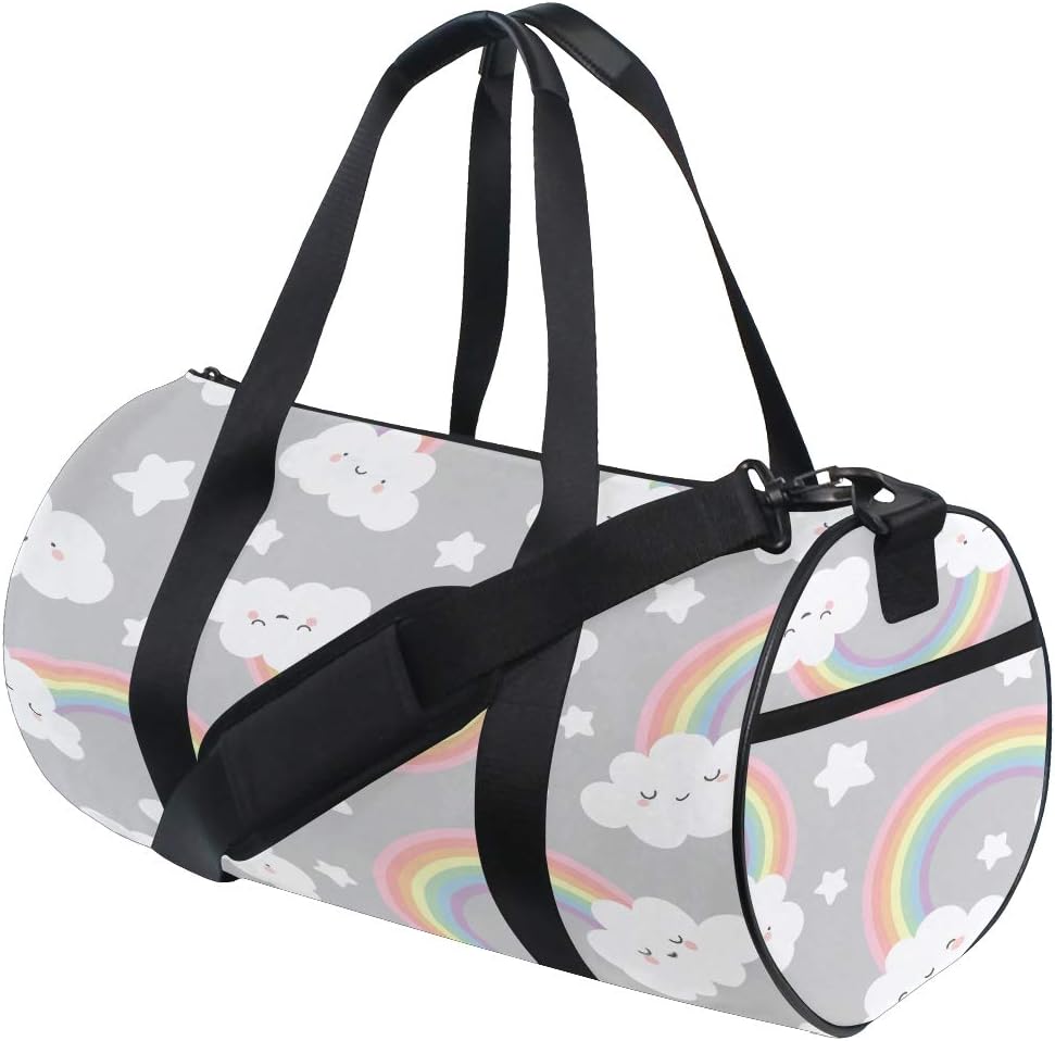 Multicolor Rainbow With Cute White Cloud Custom Multi Lightweight Large Yoga Gym Totes Handbag Travel Canvas Duffel Bags With Shoulder Crossbody Fitness Sports Luggage For Boys Girls Mens Womens