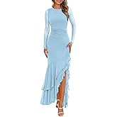 BTFBM Women's Maxi Dresses Spring 2026 Long Sleeve Ruched Bodycon Solid Ruffle Mermaid Cocktail Wedding Guest Dress
