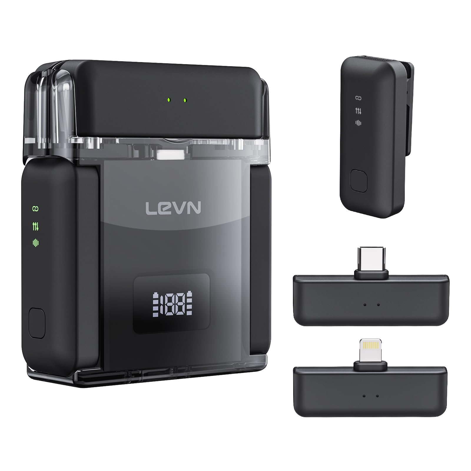 LEVN Wireless Lavalier Microphone, Microphone for iPhone with Charging Case, 2 Mini Mics with Noise Cancellation, 20H Battery, 200ft, Wireless Microphone for iPhone 15/14/13, Android, PC