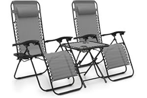 MoNiBloom Indoor/Outdoor Zero Gravity Chairs 3-Piece, Adjustable Folding Reclining Chairs with Folding Table, Pillow and Tray, Pool Patio Lawn Beach Vacation Lounger, 330lbs Capacity, Grey