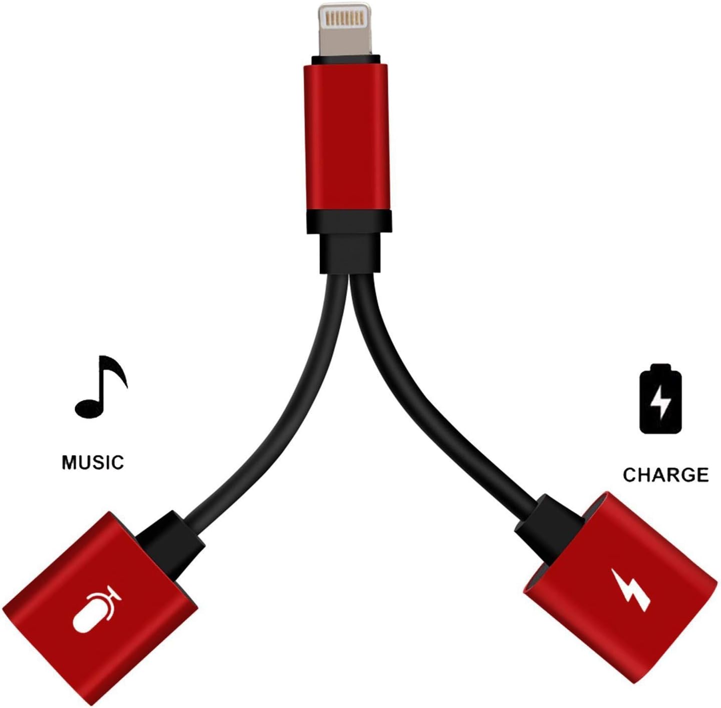 2 in 1 Dual Headphones Adapter Compatible with iPhone 7/7 Plus/8/8 Plus/X/Xr/Xs/Xs Max - 2 in 1 Charge and Listen to Music simultaneously - Red