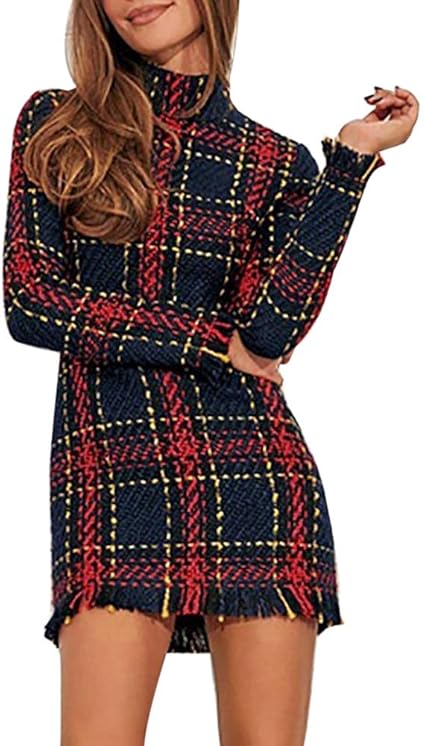 ADESHOP Long Prom Dresses, Women Plaid Sweater High Waist Bodycon Dress Long Sleeve Mini Dresses 