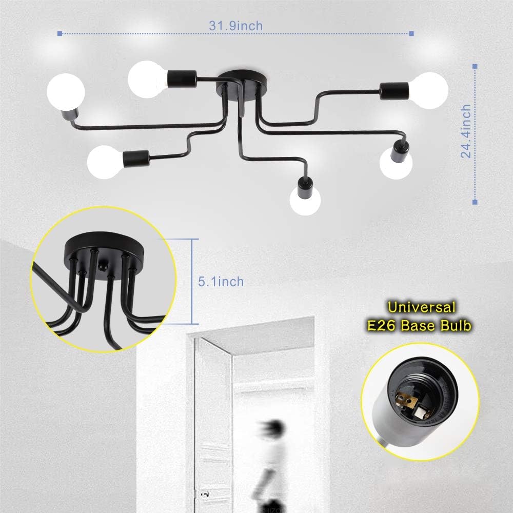 ZEEFO Flush Mount Ceiling Light Modern Art Vintage Sputnik Design Chandelier Metal Black Industrial Lighting Fixtures with 6 Lights E26 Bulb Base Suitable for Kitchen, Dining Room, Bedroom - - 