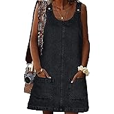 Vidifid Women's Denim Dress Sleeveless Casual Crewneck Vintage Overall Dress Jean Mini Dresses with Pockets