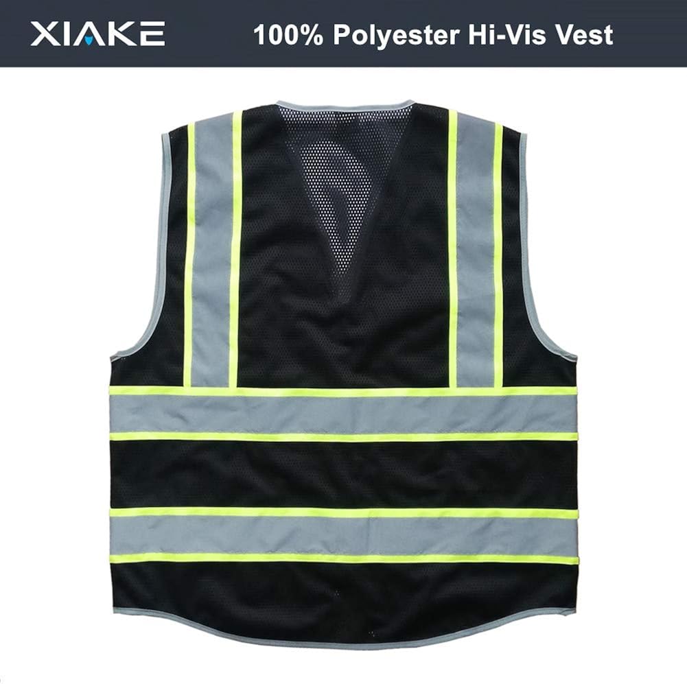 XIAKE 4 Pockets Black Safety Vest Mesh Lite, Dual Tone High Reflective Strips: Clothing