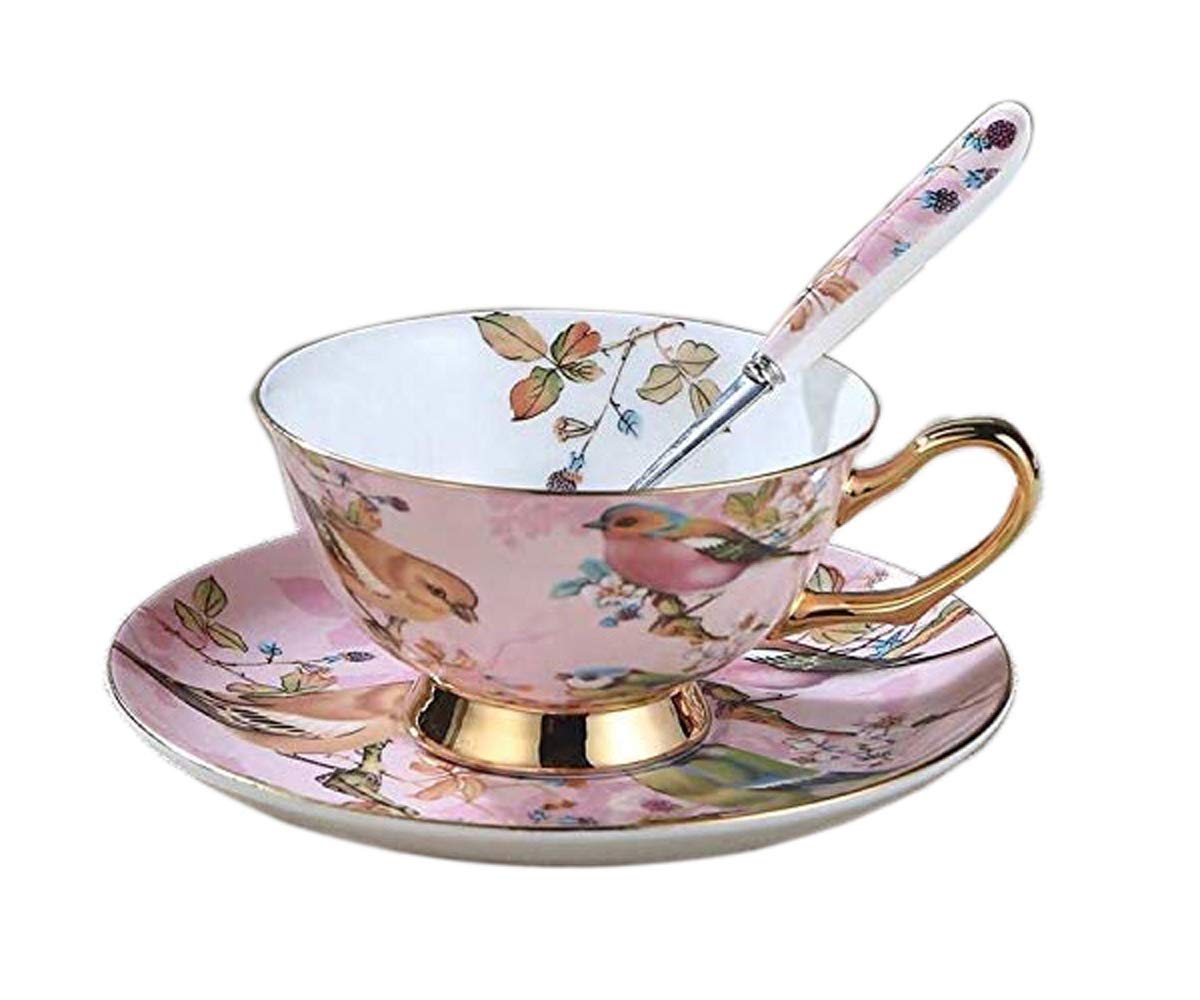 Eplze YBK Tech Euro Style Cup& Saucer Set, Bone China Teacup Coffee Cup for Breakfast Home Kitchen- Birds and Trees Patterns (Light Pink)
