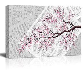 Canvas Wll Art - Cherry Blossom Paintings on Vintage Newspaper Background - Giclee Print and Stretched Ready to Hang - 12"x18"