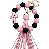 Jesemiah Beaded Keychain Wristlet Silicone Cross Elastic Wrist Key Ring Tassel Bangle Key Chains for Car Key Bracelet Women