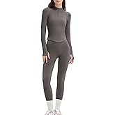 SUUKSESS Workout Sets for Women 2 Piece Seamless Long Sleeve Yoga Outfits Active Leggings Half Zippy Jacket Gym Set