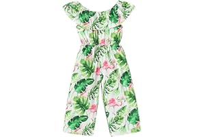 BOEBNOZCV Toddler Kids Girls Palm Leaf Wide Leg Jumpsuit Ruffle Off-Shoulder Romper Overalls Hawaii Outfit Clothing