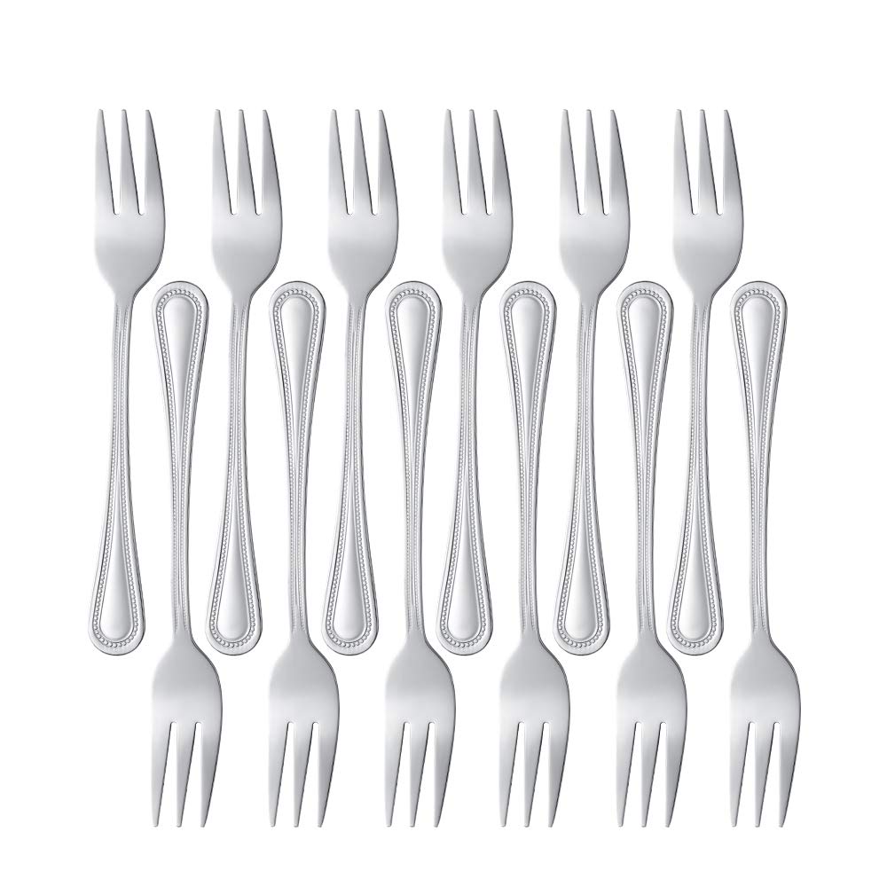 Buyer Star Stainless Steel Tea Forks, 12-Piece Set, Mini Silver Forks with Bead Pattern for Dessert, Cake, Salad, Pastry