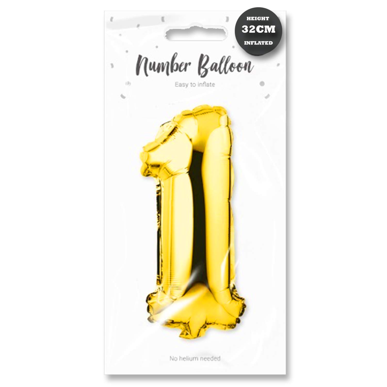 Lizzy Gold Foil Number Balloon | 32cm Height | 0-9 Balloons Number for Birthday Anniversaries Party | Complete with a Plastic Blow Tube (Character: 1)