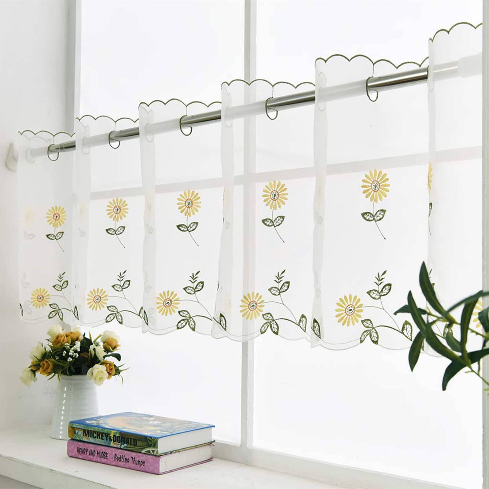 Sheer Embroidery Pastoral Style Curtain, Sunflower Yellow Flower Voile Window Valance Country Style Rod Pockets Kitchen Cafe Curtains for Bathroom, Kitchen, Balcony, 27"x70" / 70cm x 180cm