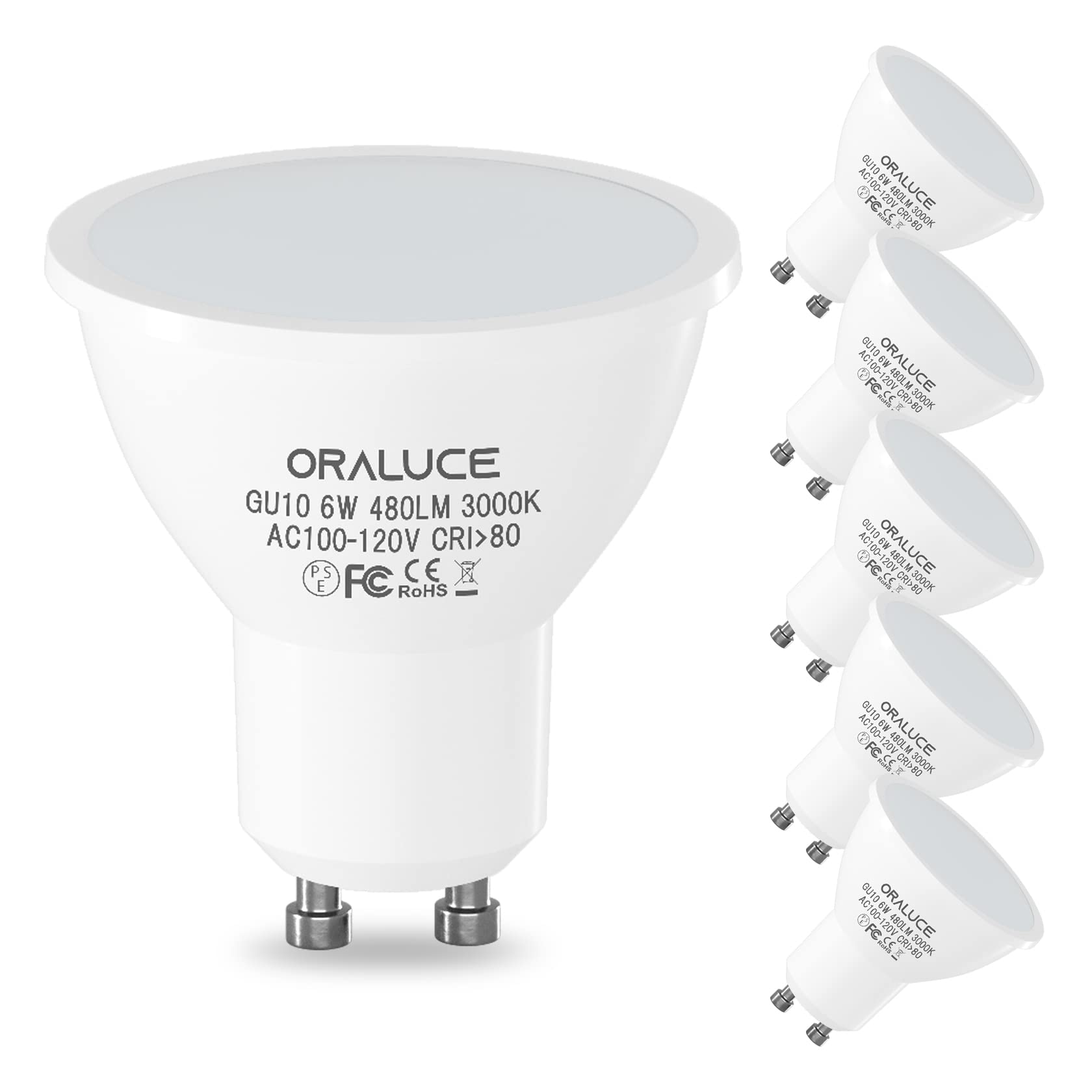 ORALUCE LED電球 GU10口金 スポットライト 50W形相当 6W 480lm 3000K 電球色 調光不可 省エネ 長寿命 ビーム角度120°広配光タイプ 高演色 天井照明 商業照明 6個セット商品画像