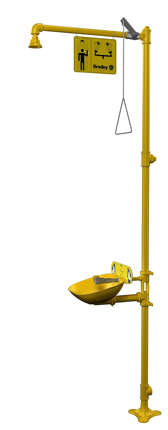 Bradley S19314EW Galvanized Steel 3 Spray Head Halo Combination Drench Showers and Eye Wash Unit with Plastic Showerhead and Bowl, 20 GPM, 18-1/2" Width x 94-1/8" Height x 26-13/16" Depth, Yellow: Science Lab Showers: Industrial & Scientific